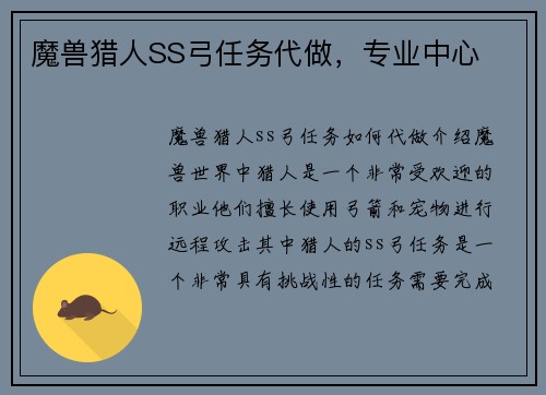 魔兽猎人SS弓任务代做，专业中心